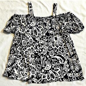 Jessica London Blue & White Floral Stretch Knit Cold Shoulder Top Size 22/24